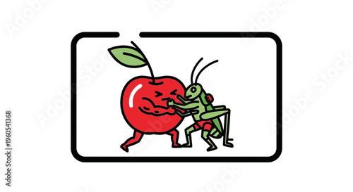 Vibrant cartoon apple and grasshopper engage in a spirited wrestling match illustration