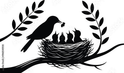 A vigilant parent bird provides food to its three clamoring chicks in their cozy home