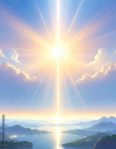 A serene landscape with a radiant sun shining over a body of water