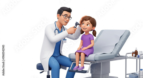 3D render illustration of a friendly male doctor examining a young child patient in a clean clinic, medical checkup concept, pediatrician healthcare service isolated on white background
