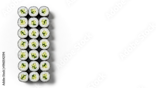 A neatly arranged stack of cucumber sushi rolls on a white background, perfect for food and cuisine concepts.