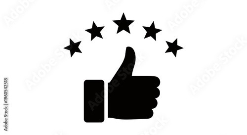 Bold thumbs up icon surrounded by stars representing approval and positive rating in a simple vector graphic.