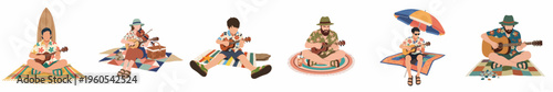Diverse collection of people playing musical instruments like ukulele, guitar, and violin while relaxing on colorful beach mats and picnic blankets.