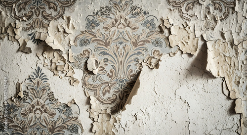 Decayed Antique Wallpaper Grunge Texture - Peeling Faded Floral Pattern Revealing Old Wall Background