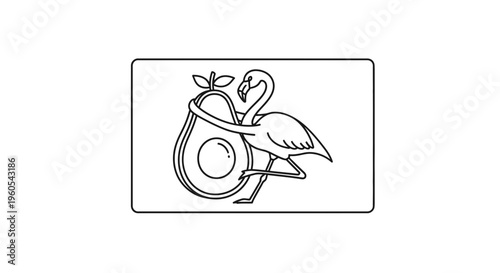 Charming line art of a graceful flamingo tenderly embracing a ripe, halved avocado for a healthy,