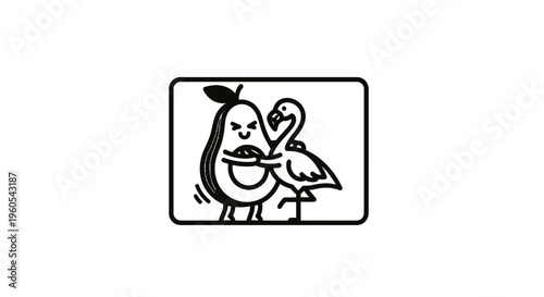 Whimsical avocado character enthusiastically embraces a graceful flamingo friend in a playful