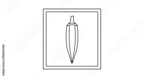 Simple black and white line drawing of a fresh okra pod in a clean square border for culinary