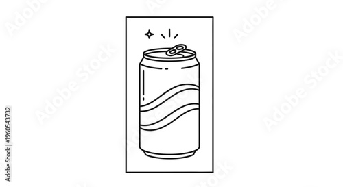 Refreshing beverage can line art with sparkling open tab for cool drinks and effervescence