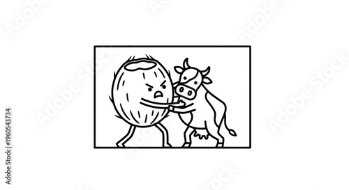 Whimsical line art portraying a fierce yet humorous confrontation between an angry coconut and a