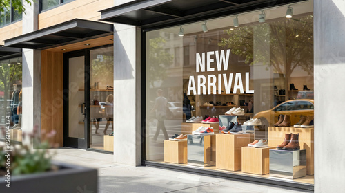 Modern Boutique Storefront with New Arrival Sign and Shoe Display