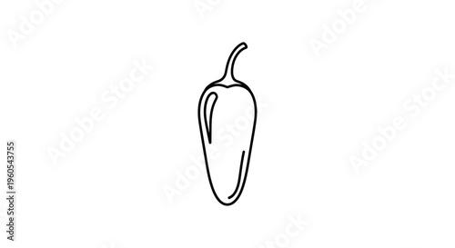 Minimalist black outline drawing of a classic chili pepper design isolated on crisp white