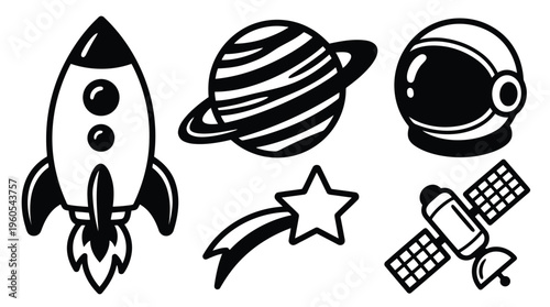 Stylized black and white space exploration icons including rocket, planet, and helmet