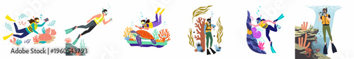 A set of flat vector illustrations depicting various people snorkeling and scuba diving, exploring colorful coral reefs, and interacting with diverse marine life.