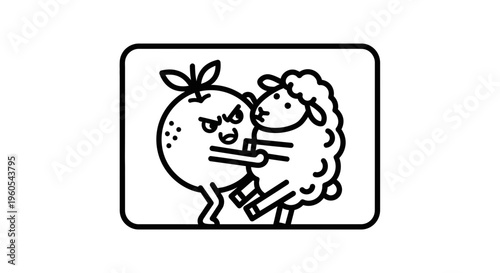 Humorous cartoon illustration of a grumpy orange character pushing a fluffy sheep in a playful