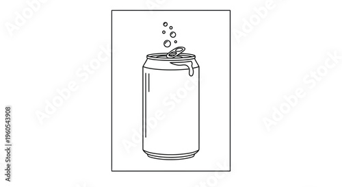 Refreshing carbonated beverage in an open aluminum can with fizzing bubbles and a cool drip,