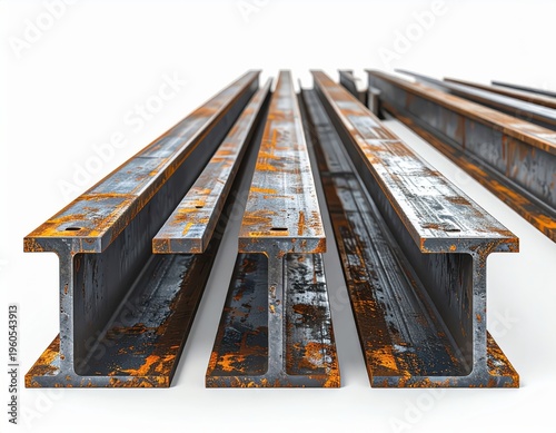 Industrial Steel Beams with Rust Texture on White Background