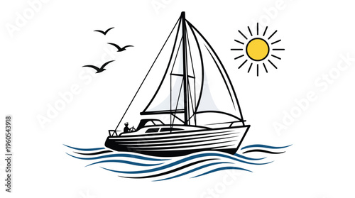 A serene sailboat glides across calm waters under a bright sunny sky with birds flying overhead.