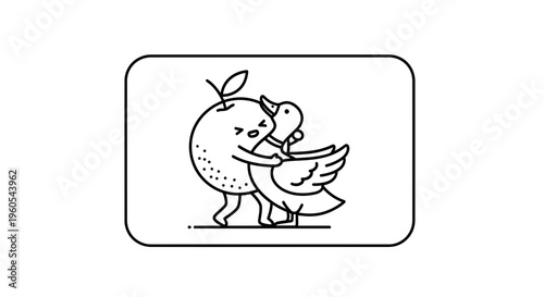 Whimsical orange embracing a happy duck, a charming illustration of unexpected friendship and joy