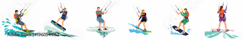 Set of flat vector illustrations depicting various kitesurfers, including men and women, performing dynamic jumps and riding waves in different styles.