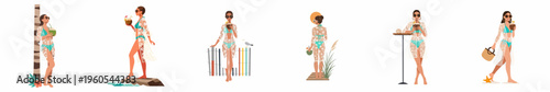 Collection of flat vector illustrations of a stylish woman in a bikini and lace cover-up enjoying a tropical summer beach vacation.