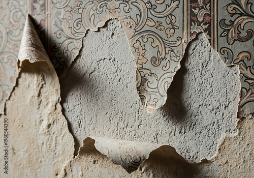 Decayed Antique Wallpaper Grunge Texture - Peeling Faded Floral Pattern Revealing Old Wall Background