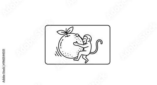 Adorable monkey joyfully embracing a bountiful citrus fruit, simple line art illustration