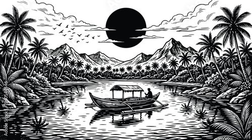 A serene black and white illustration of a boat on a tranquil river surrounded by lush tropical landscape and majestic mountains under a dramatic sky.