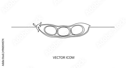 Elegant single continuous line art illustration depicting an open pea pod with three perfectly