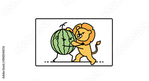 Vibrant cartoon illustration of a determined lion character playfully wrestling an angry