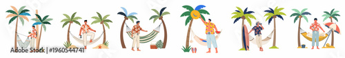 Vector illustration set of a man enjoying summer vacation activities with palm trees, hammocks, surfboard, and cocktails on a tropical beach.