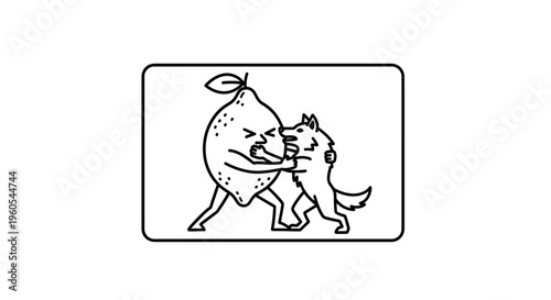 Whimsical line art portraying a fierce, comical struggle between a determined lemon and an