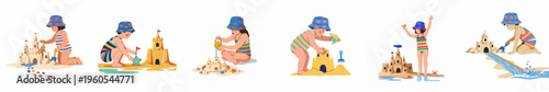 Collection of children in colorful striped swimwear and crab hats building sandcastles at the beach, isolated on white background.