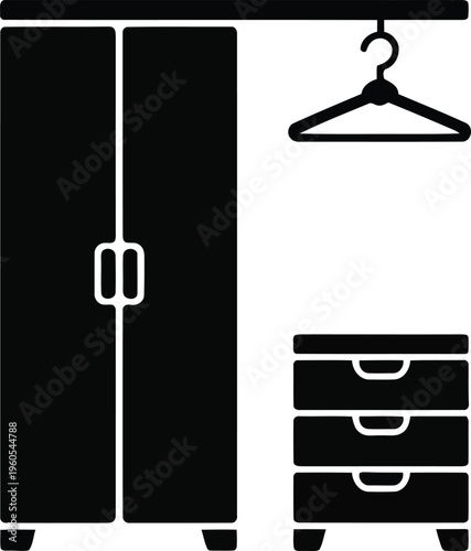Black silhouette icon showing a double door wardrobe, chest of drawers, and a clothes hanger