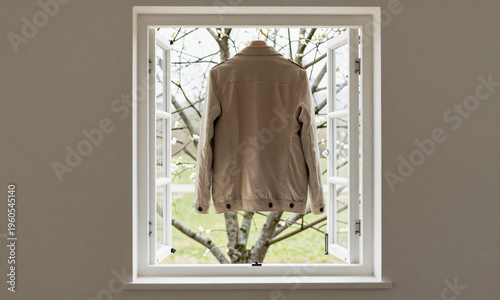 light jacket hanging near an open window early spring atmosphere  Generative AI