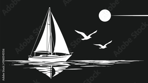 A minimalist vector graphic illustration of a sailboat on calm waters with seagulls flying nearby under a full moon