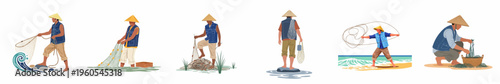 Set of vector illustrations depicting an Asian fisherman in traditional conical hat engaged in various fishing activities isolated on white.