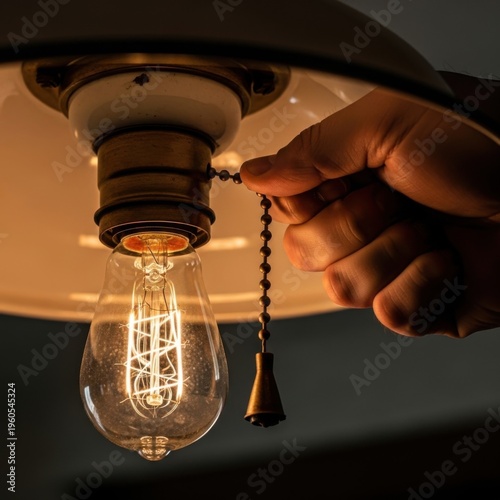 Hand Pulling Chain to Turn On Vintage Light Bulb.