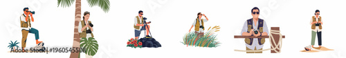 Diverse collection of flat vector illustrations showing male and female photographers exploring nature and capturing wildlife in various outdoor settings.