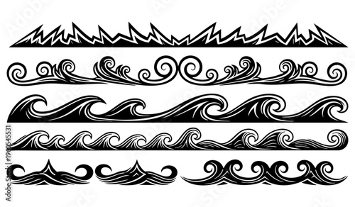 Set of nautical sea wave patterns for decorative border design