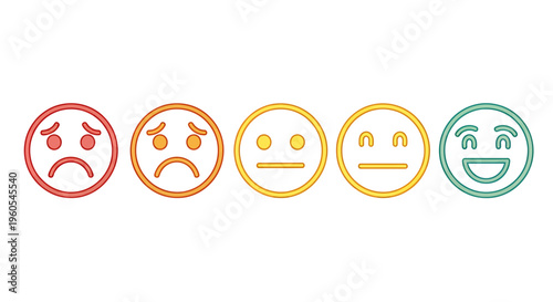 Colorful sequence of facial emojis displaying a range of emotions from sorrow to happiness.