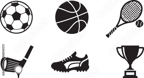 Sports Equipment Icon Set - Soccer, Basketball, Tennis, and Golf Vector
