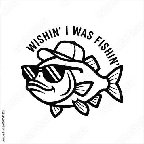 Wishin I Was Fishin Cool Fish Line Art Vector Illustration