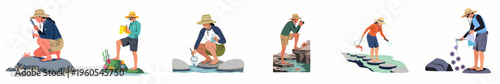 Set of marine biologists and researchers conducting field studies on coastal marine life, including observing, sampling, and measuring various sea creatures in their habitat.