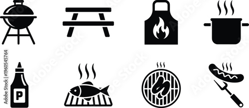 Barbecue and grilling icons set, outdoor cooking symbols including grill apron picnic table fish sausage and pot vector illustration