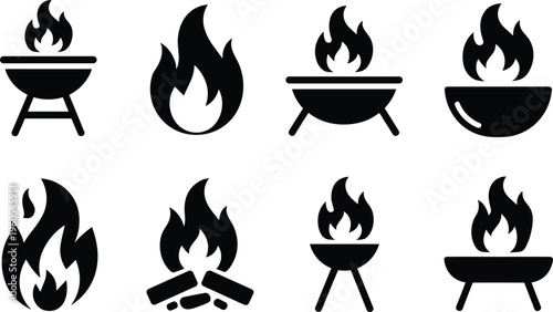 Fire flame and barbecue icons set, burning grill campfire heat symbols for cooking danger and energy vector illustration design