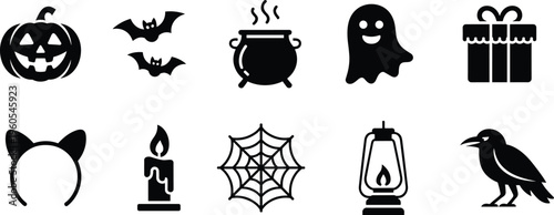 Halloween icons set, spooky elements including pumpkin bat ghost cauldron candle spider web raven vector illustration festive holiday collection