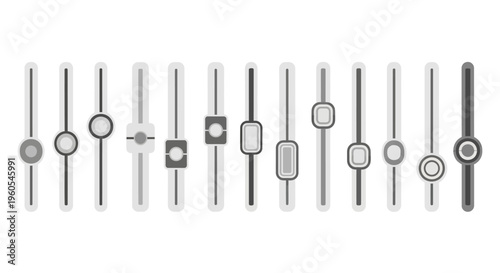 Collection of gray sliders and control knobs, representing audio or volume adjustments on a graphic interface