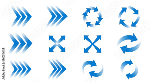 Collection of various directional blue arrows and circular motion symbols on a white background, perfect for design elements