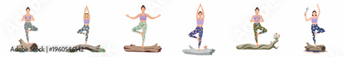 Set of vector illustrations depicting women practicing yoga tree pose on logs, wearing colorful floral leggings, perfect for wellness and fitness concepts.