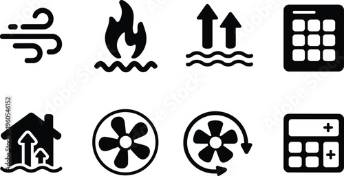 HVAC climate control icons set, heating ventilation air conditioning symbols including fire wind fan cooling and temperature system vector illustration